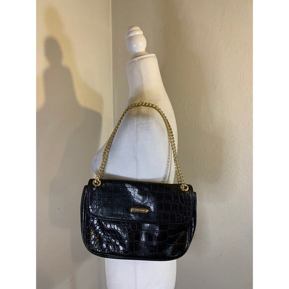 Anne Klein Black Faux Crocodile Skin Purse with Gold Chain Strap - Picture 7 of 10